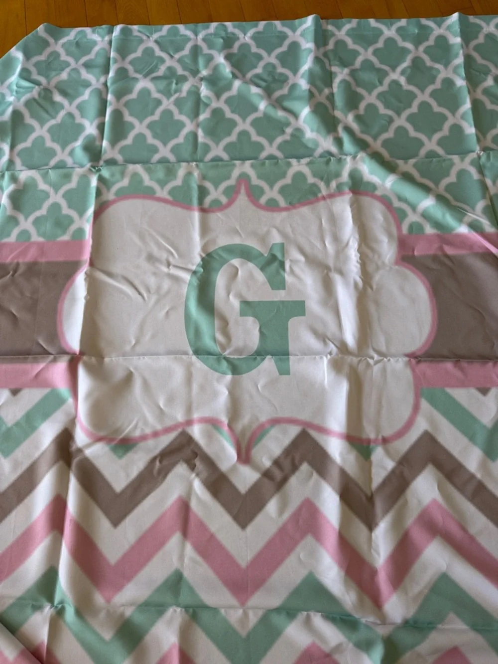 Monogram Chevron shower curtain  in Mint, Pink, and Taupe Letter G